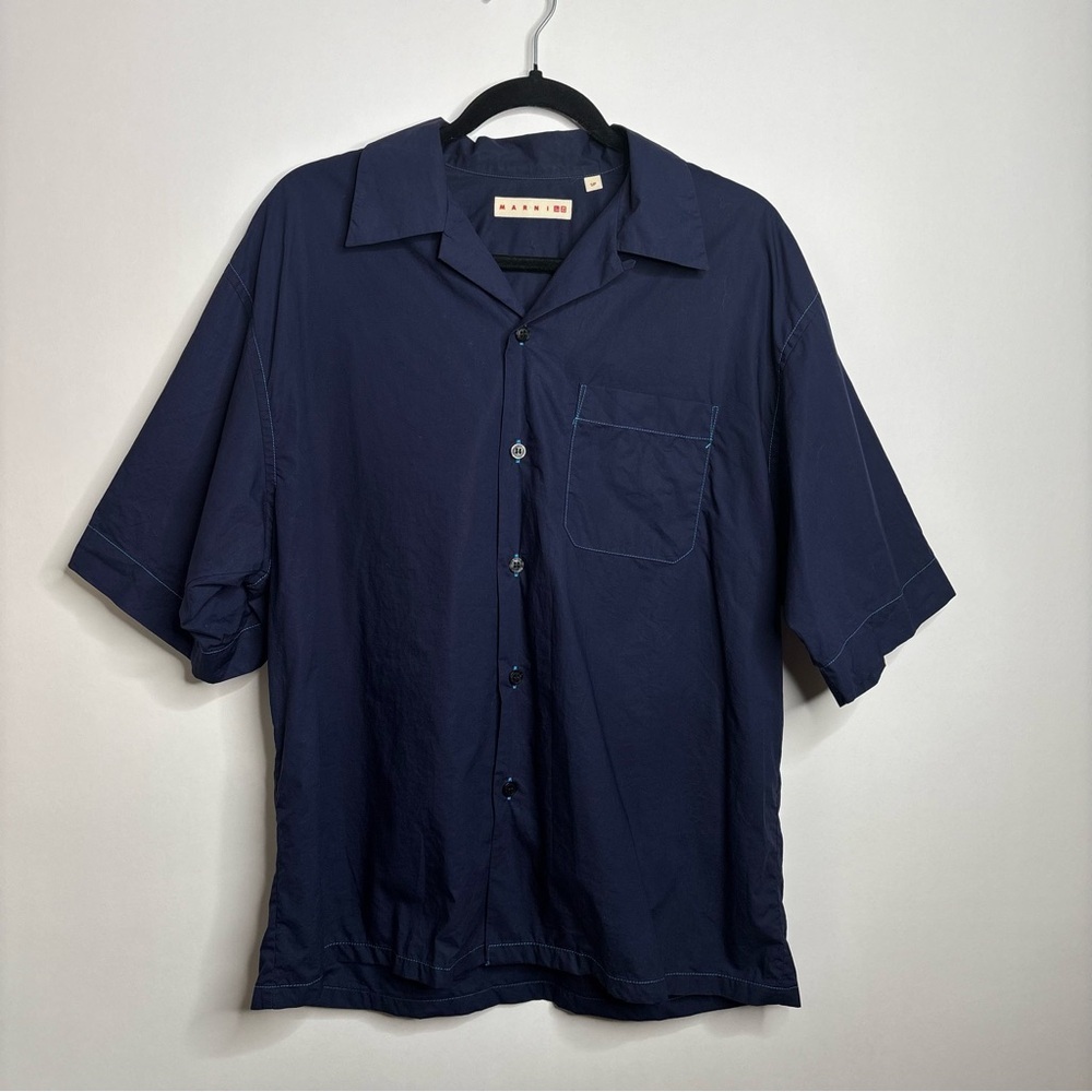 Marni x Uniqlo Oversized Navy Blue Short Sleeve Open Collar Shirt Size Small - Picture 2 of 8